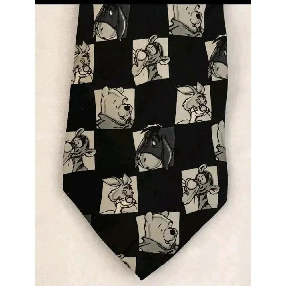 Vtg Necktie Tie Looney Tunes Mania Winnie The Pooh Friends B &‎ W Checkered 1996